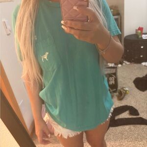 PINK Victoria's Secret Teal Short Sleeve Pocket Tee with Glitter Dog Logo